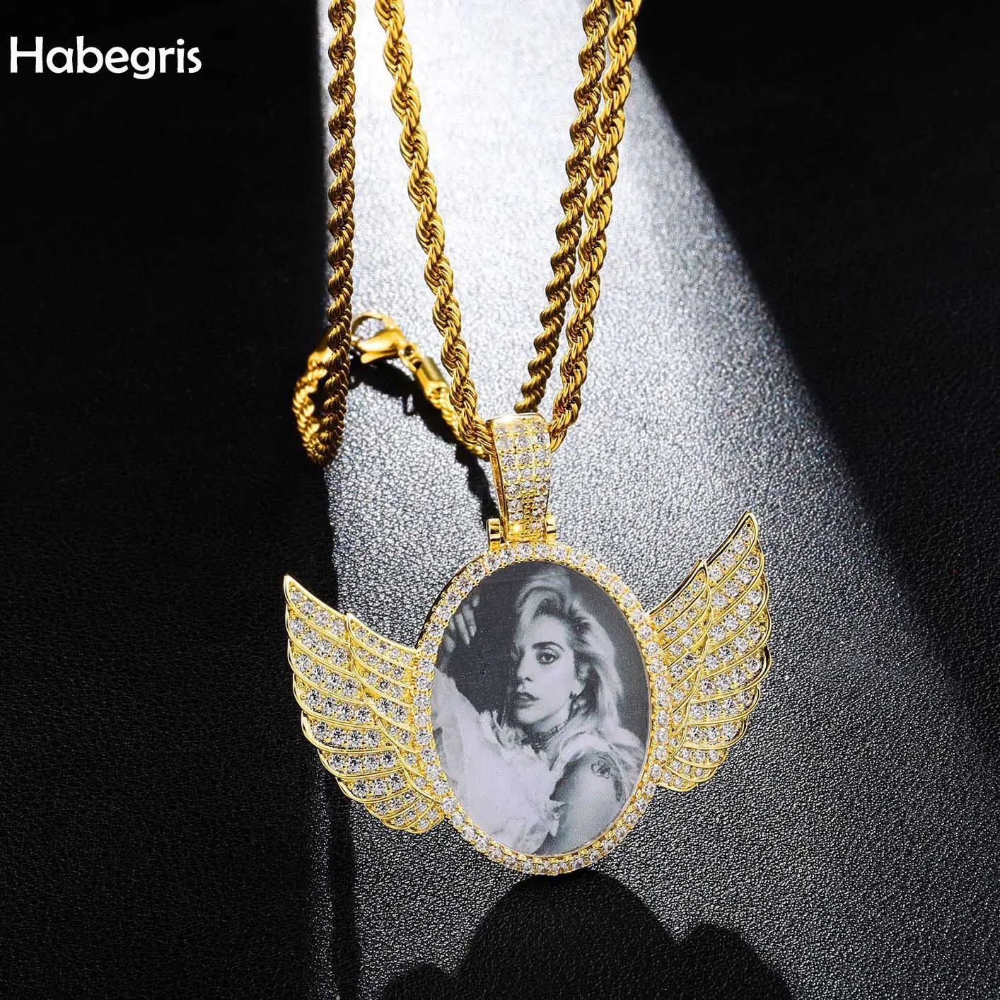

Habegris Custom Made Photo Oval Plus Angel Wings Medallions Pendant Necklace With 4mm Tennis Chain Zircon Men's Hip hop Jewelry