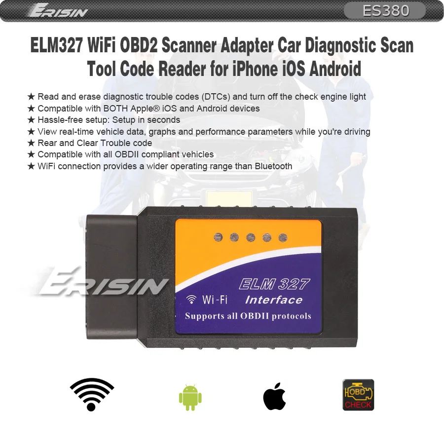 Erisin ES380 ELM327 Wi-Fi OBDII адаптер сканера автомобиля диагностический сканирующий инструмент для iOS Android телефон