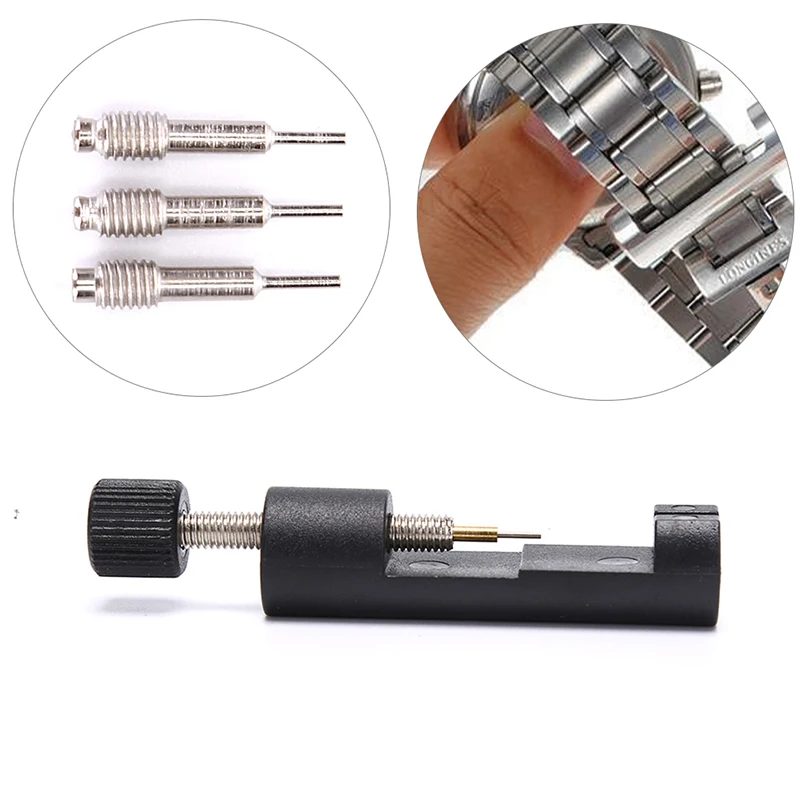 

Металлический регулируемый браслет для часов, инструмент для ремонта браслета, инструмент для удаления звеньев + 3 комплект штырей, 1 компле...