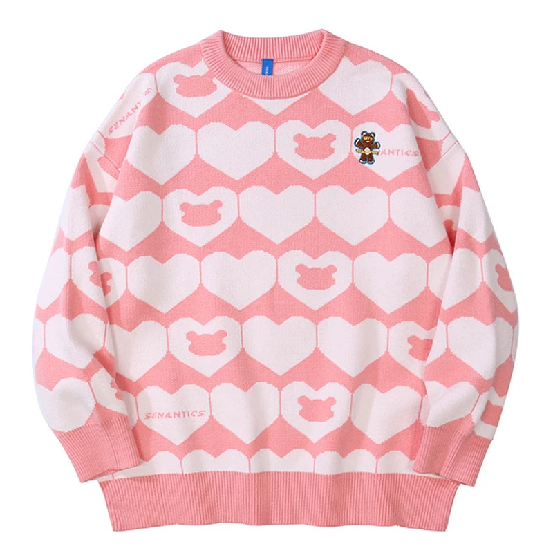 

Мужской вязаный джемпер в стиле Харадзюку, винтажный джемпер оверсайз в стиле унисекс для пар, пуловеры с розовым сердечком, медведем, уродл...