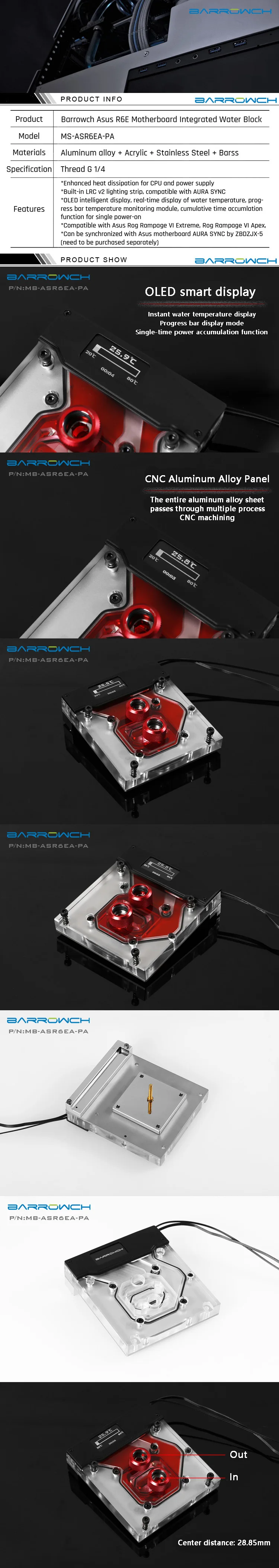 Встроенный водоблок для материнской платы Barrowch MB-ASR6EA-PA, ASUS ROG R6E, R6A, X299, интеллектуальный OLED дисплей