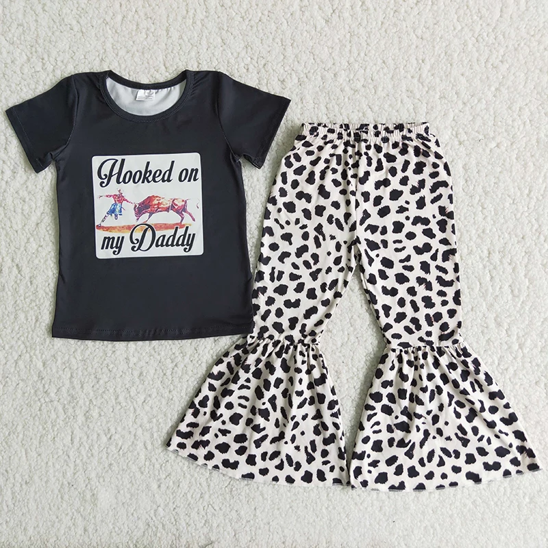 

2021 Fall Fashion Infant Little Cute Girl Cowboy Short Sleeve Leopard Bell Bottom Baby Outfit Wholesale Girl's Clothing Set