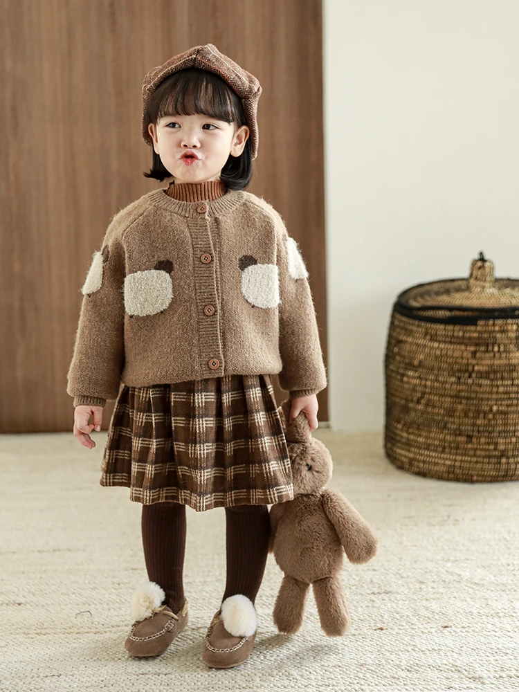 

Осень-зима 2021, свитер для девочек, вязаный кардиган, пальто, детская жаккардовая куртка в горошек с кунжутом, милая куртка для малышей