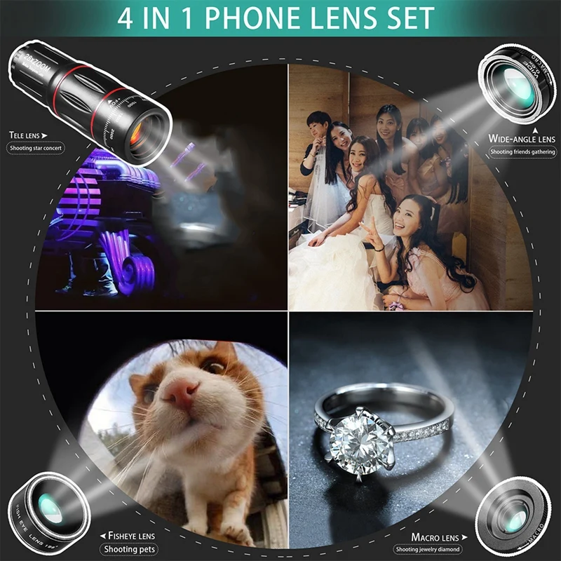 

4 in 1 Phone Telephoto Camera Lens,28X Telephoto+198 Fisheye + Wide Angle and Macro Lens with Tripod for iPhone,Samsung
