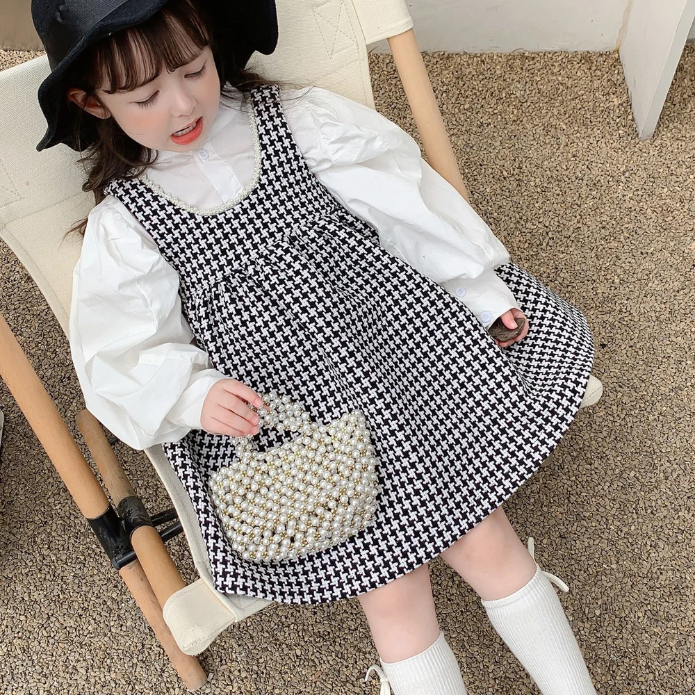 Комплект одежды для девочек с клетчатым принтом осень 2022 детская одежда белая
