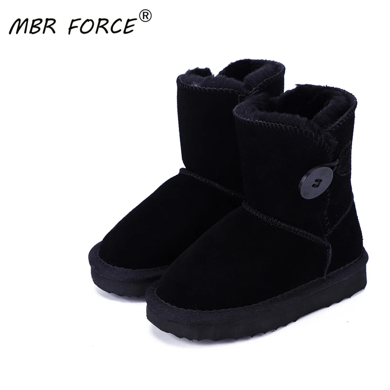 MBR FORCE real leather short ankle suede snow boots Children fur lined winter shoes Boys Girls wooden buckle with |
