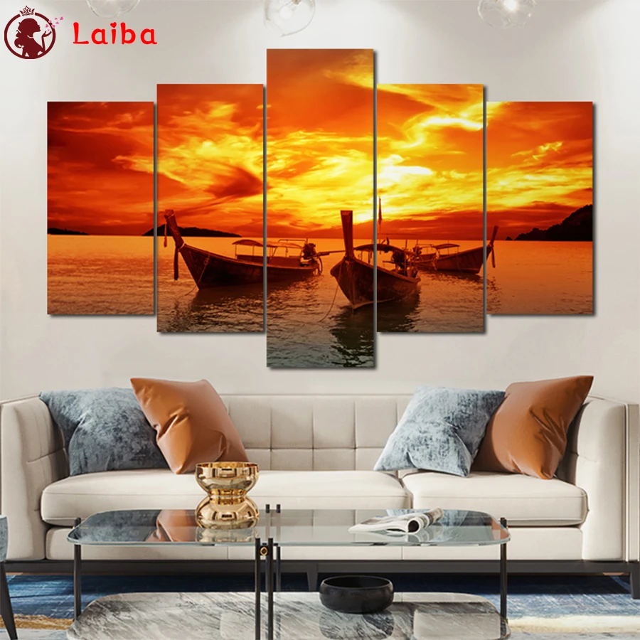 

diamond painting Natural scenery, sunset sea boat cross stitch diamond embroidery mosaic room Decor,5pcs