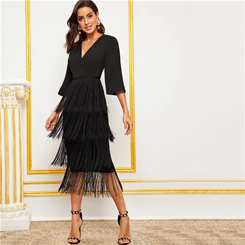 Black COLROVIE Black Surplice Neck Layered Fringe Trim Pencil Dress Women V neck Long Dress Summer Glamorous Solid Dresses - Color: Black