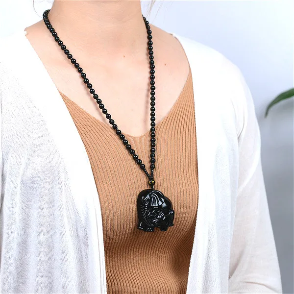 Ожерелье с подвеской в виде слона из натурального черного обсидиана модные