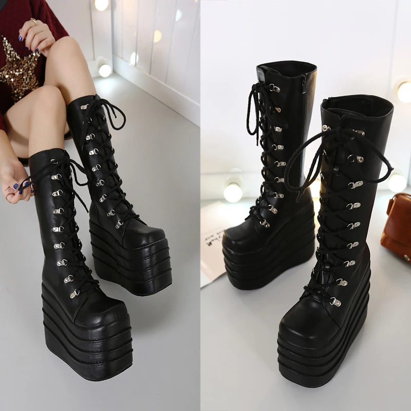 

OEING US4-11 Womens Punk Wedge Heels Knee High Thigh Boots PU Leather Lace Up Platform Shoes Super High 16CM Cosplay Black White