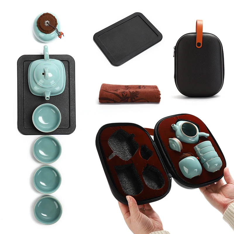 

High Quality Portable Kung Fu Teapot Travel Tea Set, Portable Bag, Ceramic One Pot And Four Cups Ru Kiln Kitchen Accessories