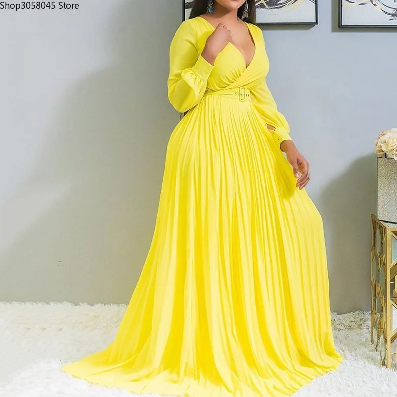 Women Yellow Long Dress Lantern Sleeve Plus Size Dresses Robe Pleated Plain Dinner Party Vintage Female Maxi Vestiods | Тематическая