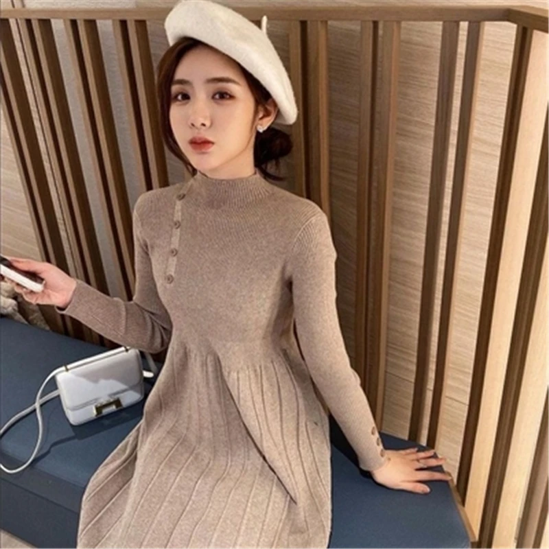 

Turtleneck Long Sleeve A-line Knitted Dress Female Pleated Dress Fashion Autumn Winter Sweater Dress Women Chic Buttons