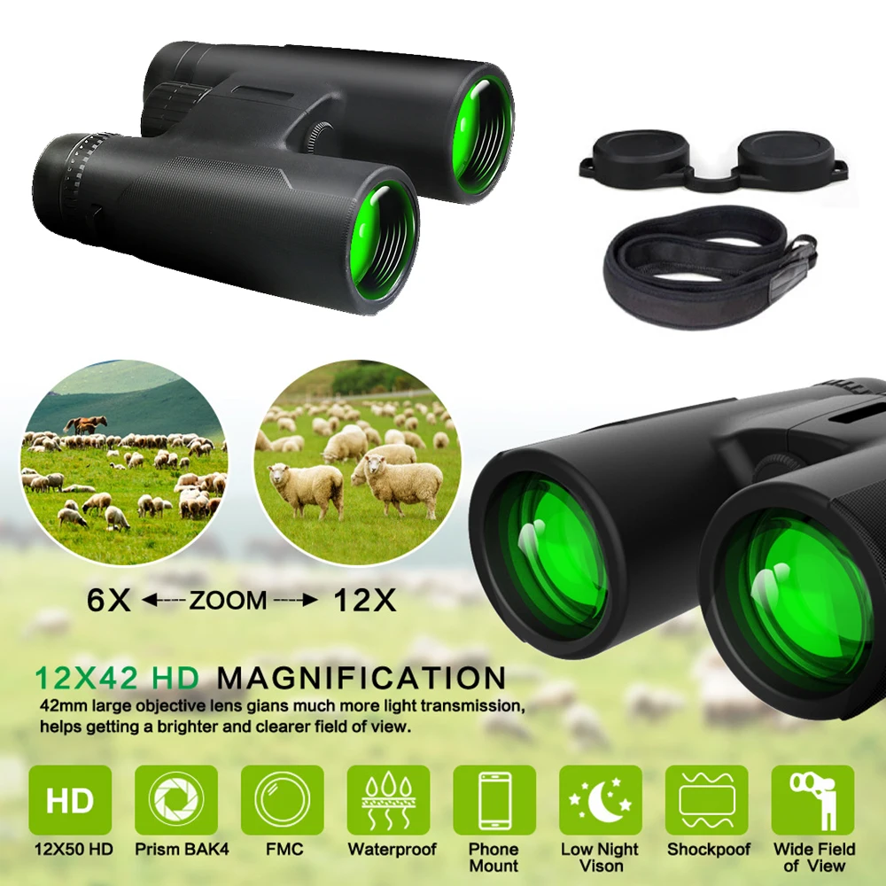 

12x42 HD High Power Binoculars BAK4 Prism Multi-layer Green Coating Portable Telescope Outdoor Camping New