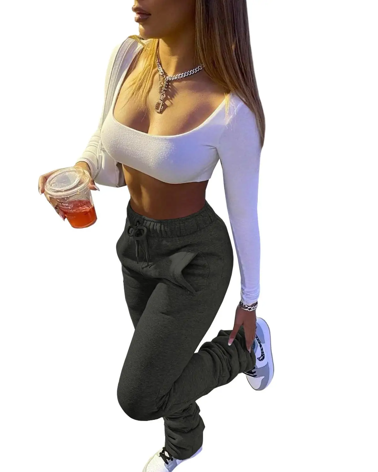 

Streetwear Women Wide Leg Flare Stacked Ruched Pants High Waist Leggings Trousers Sportswear Sexy Stacked Tracksuit Sweatpants