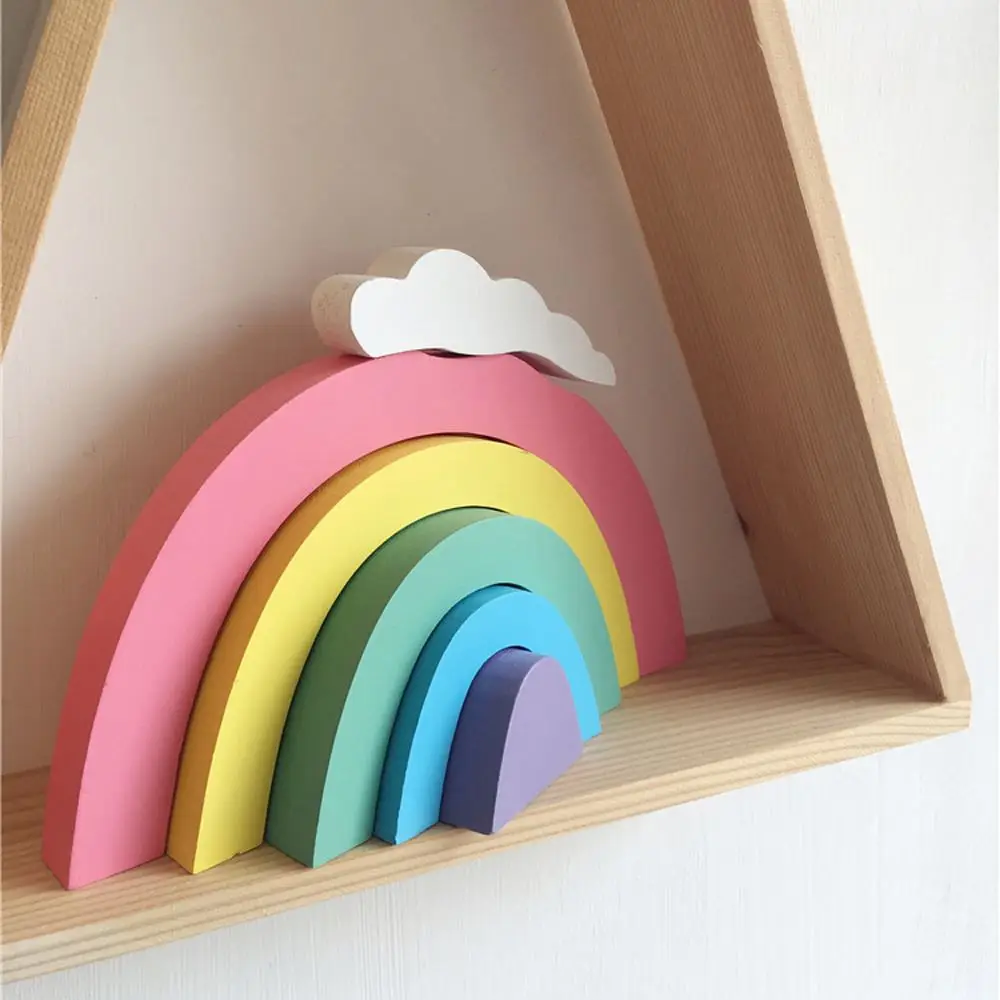 

6pcs Set Kawaii Room Decor Wooden Rainbow Building Blocks Baby Toys Home Decoration Accessories For Bedroom Desk Decor Gifts