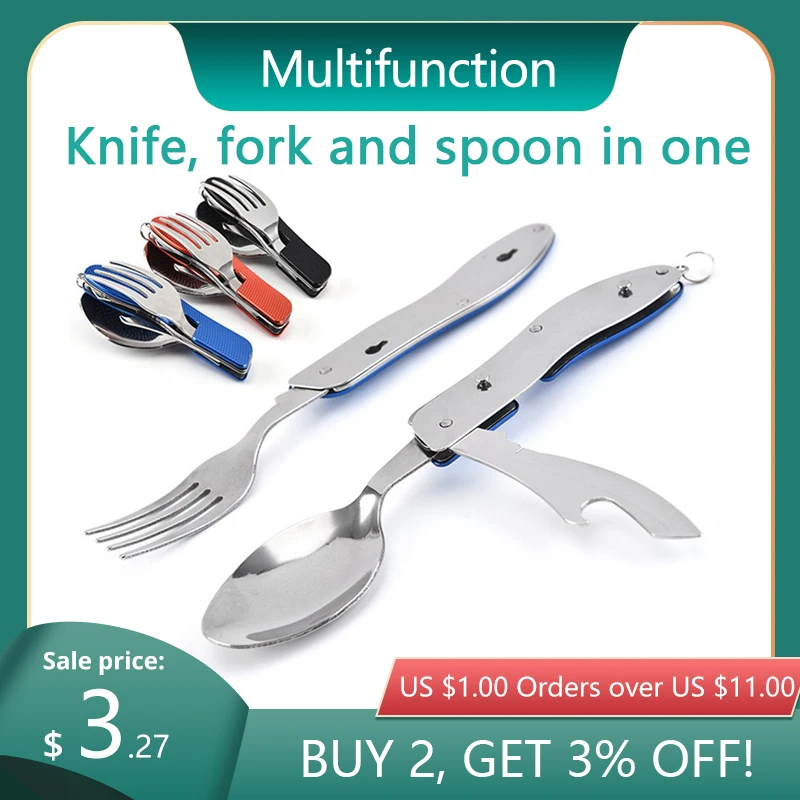 

Hot sale knife and fork combination portable 3 in 1 stainless steel folding cutlery set for outdoor camping picnic travel