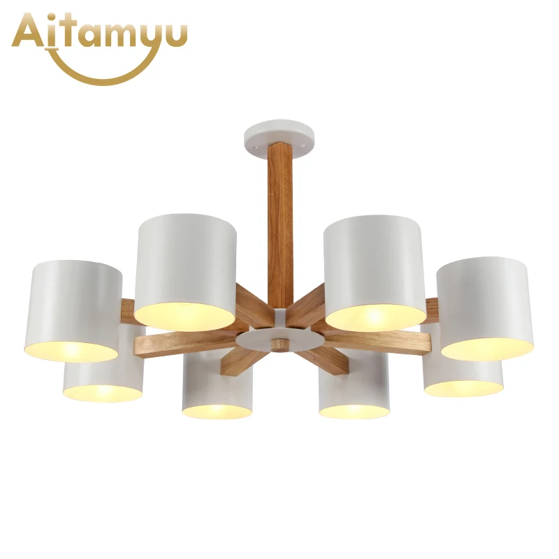 

Nordic 220V LED Chandelier With Iron Lampshade For Living Room Modern Wooden Lustres Wood Foyer Chandelier Lighting
