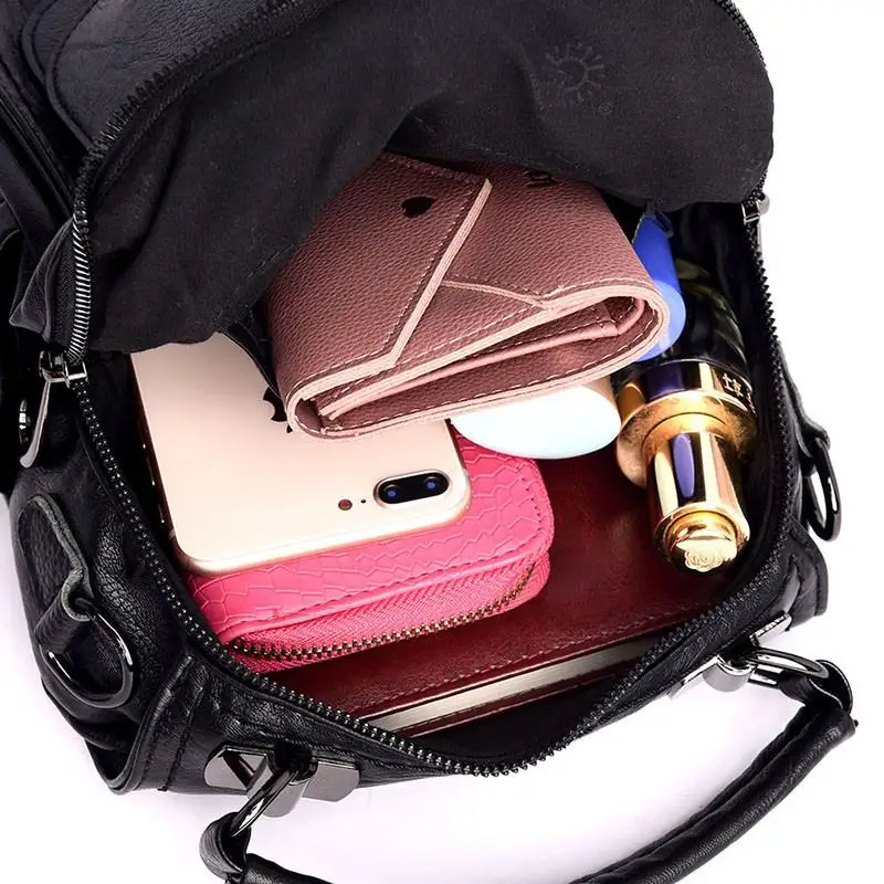 

Vintage Women Double Pocket Backpack Female Multifunction Soft Leather Backpacks School Bags For Girls ShoulderTravel Back Pack