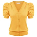 Belle Poque женские летние топы, футболка с короткими рукавами-буфами и кардиган, вязаная одежда вязаные топы мехом однотонные мягкие тонкие v-образный Вырез Винтаж