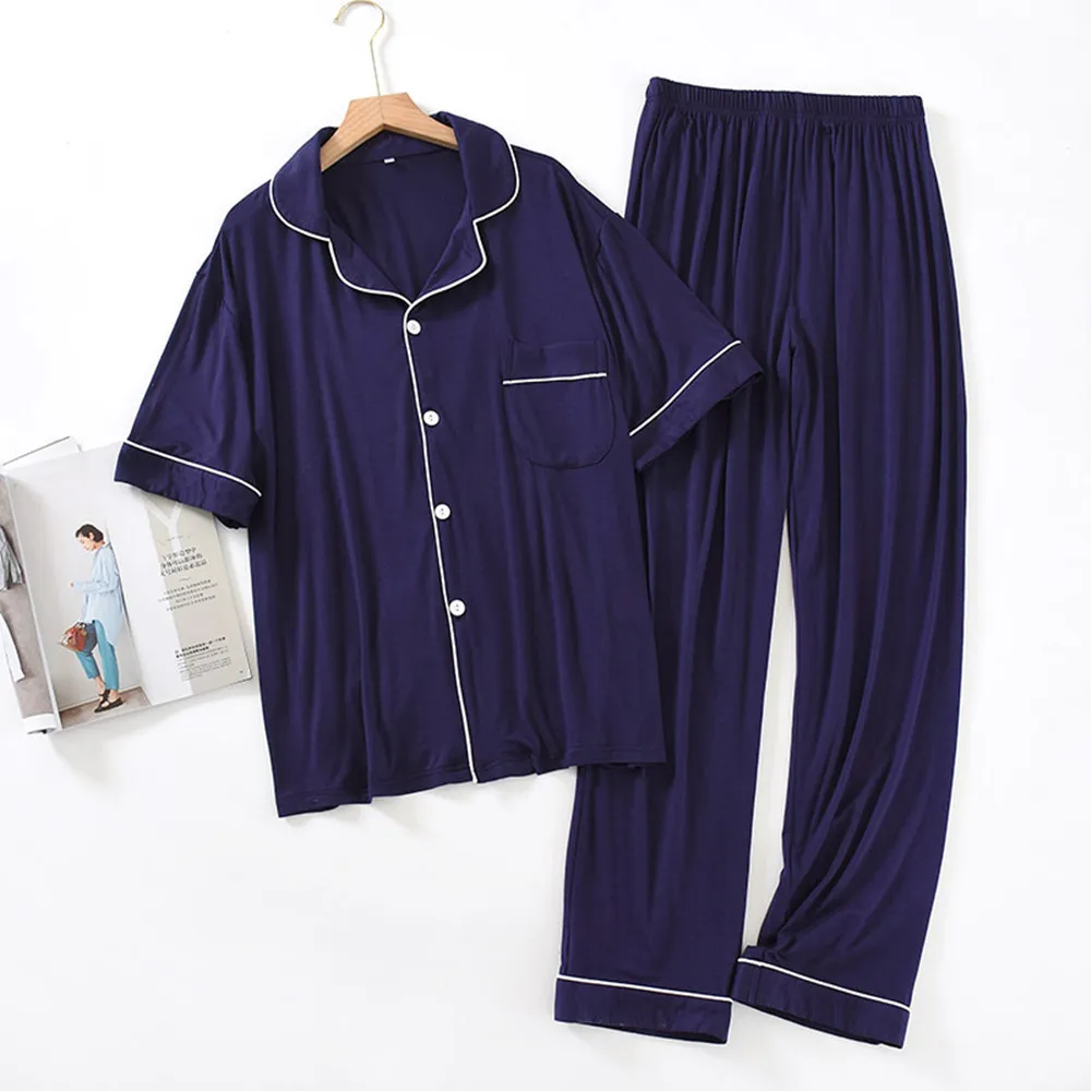 Fdfklak New 2pcs/Set Pajama Sets Men Summer Modal Short Sleeve Loose Home Suit Male Nightwear Top Pant Leisure Outwear