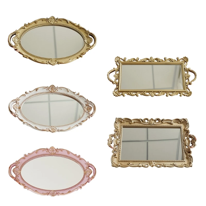 

Vintage European Mirror Storage Tray Rectangle Oval Jewelry Display Fruit Plate Makeup Organizer LXAF
