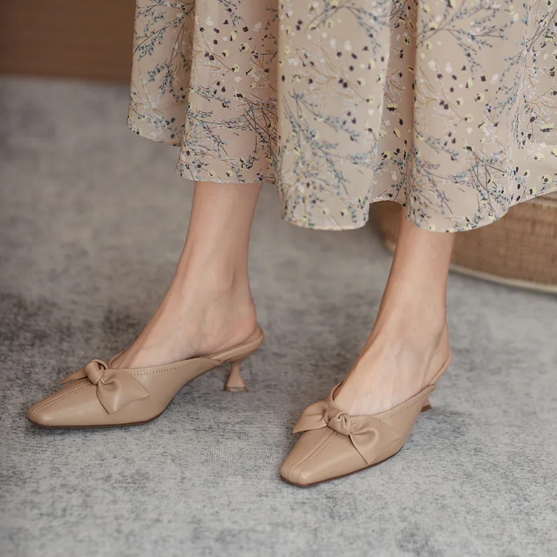 

Asumer Mules Shoes 2021 Newest Women Pumps Genuine Leather Shoes Bowknot Square Toe Slip On High Heels Party Shoes Ladies