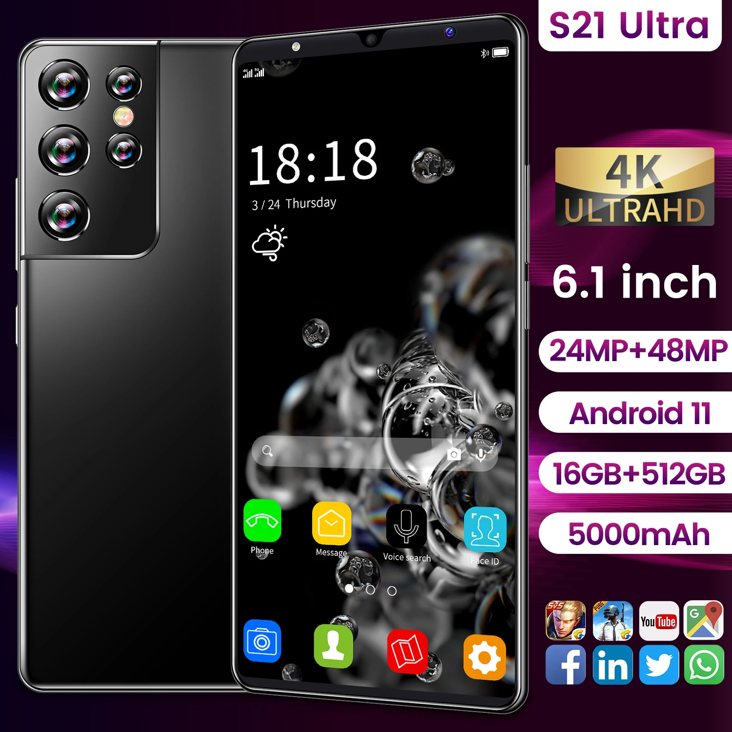 

S21 Ultra 5G Smartphones 6.1 Inch 16GB+512GB Mobile Phones 24MP +48MP HD Camera 5000mAh Android11 Dual SIM MTK6889 Cellphones