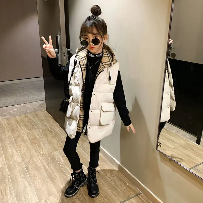 

Winter Down Cotton Girl Outer Wear Vest Korean Fashion Mid-Length Hooded Zipper Fake Two-Piece Jacket Casual Children's Clothing