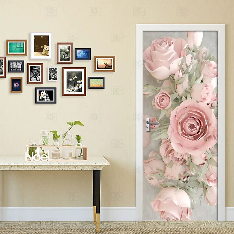 

European Style Pink Rose Door Sticker For Living Room Bedroom Study PVC Self-adhesive Door Decor Art Mural Creative 3D Decals
