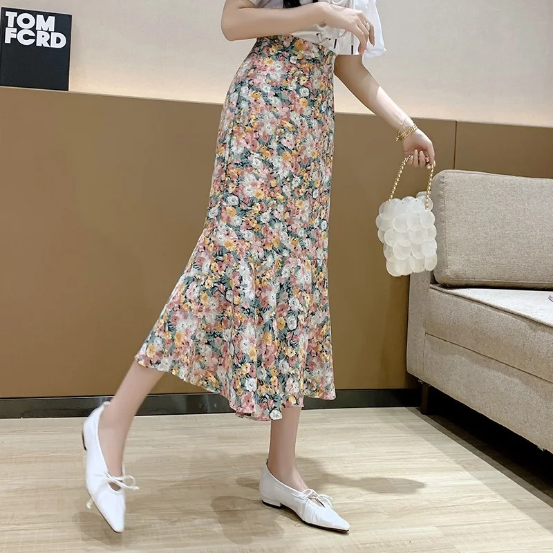 

2021 Summer Korean Fashion Chiffon High Waist Print Floral A-line Skirts Women Fishtail Elegant Cottagecore Skirt Female Boho