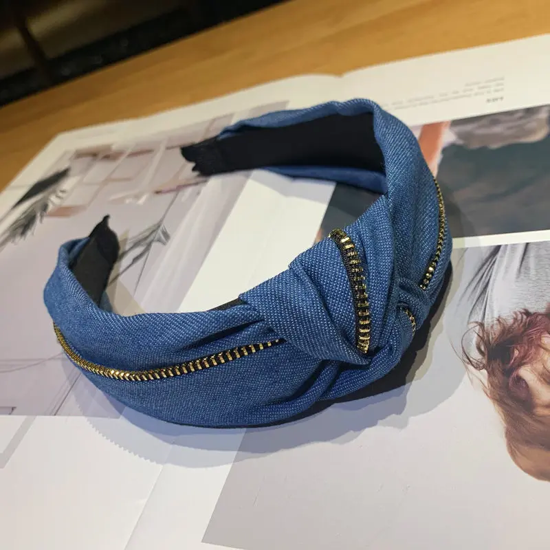 

Fashion Blue Denim Headband Knot For Women Headwear Wide Hairband Solid Head Band Girls Headband With Zipper Decorated