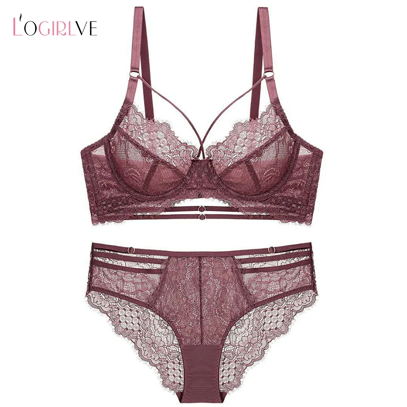 

Women Red Bra And Panties Set Thin Lace Lingerie Embroidery Lace Brassiere Triangle Cup Underwire Bras Sexy Underwear Sets