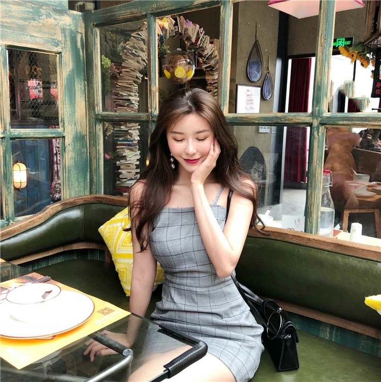 

summer Korean sexy dress Women's Clothing hollow out Backless bow lace up off shoulder plaid high waist spaghetti strap Dresses