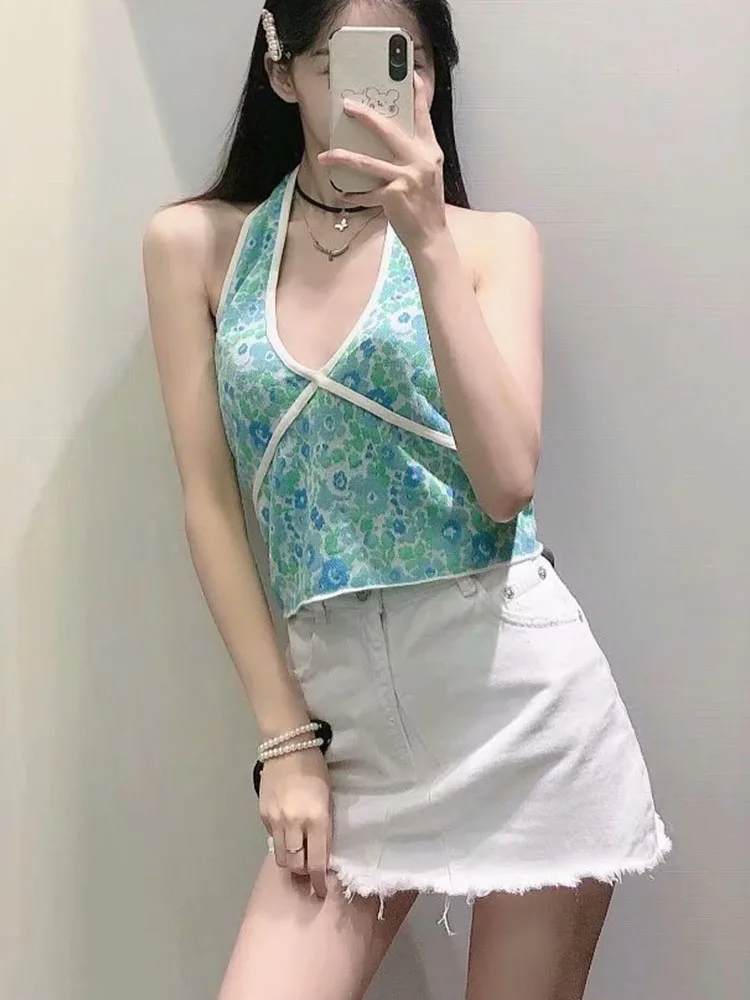 

ZA summer new women's all-match temperament sexy halter printed slim knit halterneck blouse