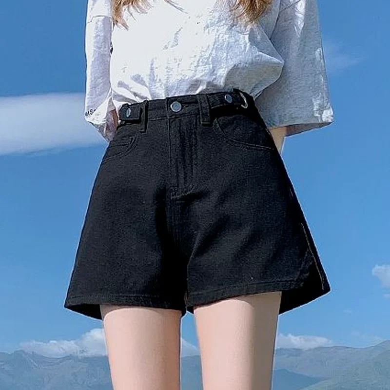 Шорты женские однотонные из денима с завышенной талией универсальные