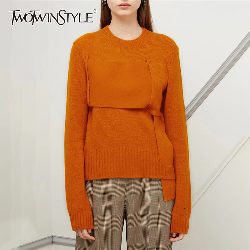 TWOTWINSTYLE Асимметричный лоскутный вязаный женский свитер с круглым вырезом и длинным рукавом женский свитер осень негабаритный Модный