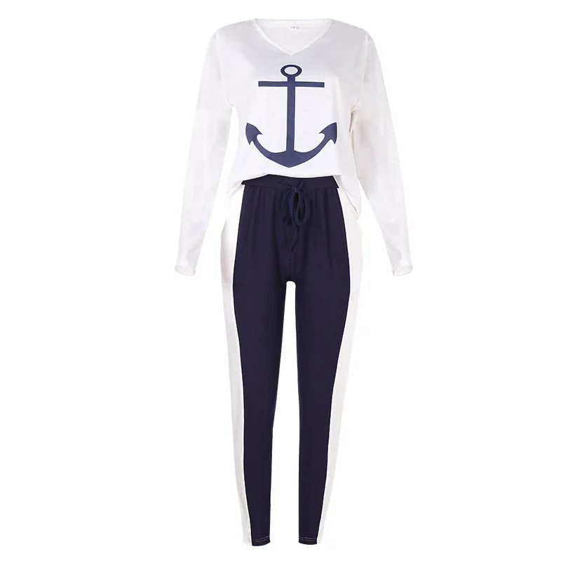 

Cross Border 2021 Spring New European and American Women's Anchor Printed Long Sleeve V-neck Fashion Casual Suit