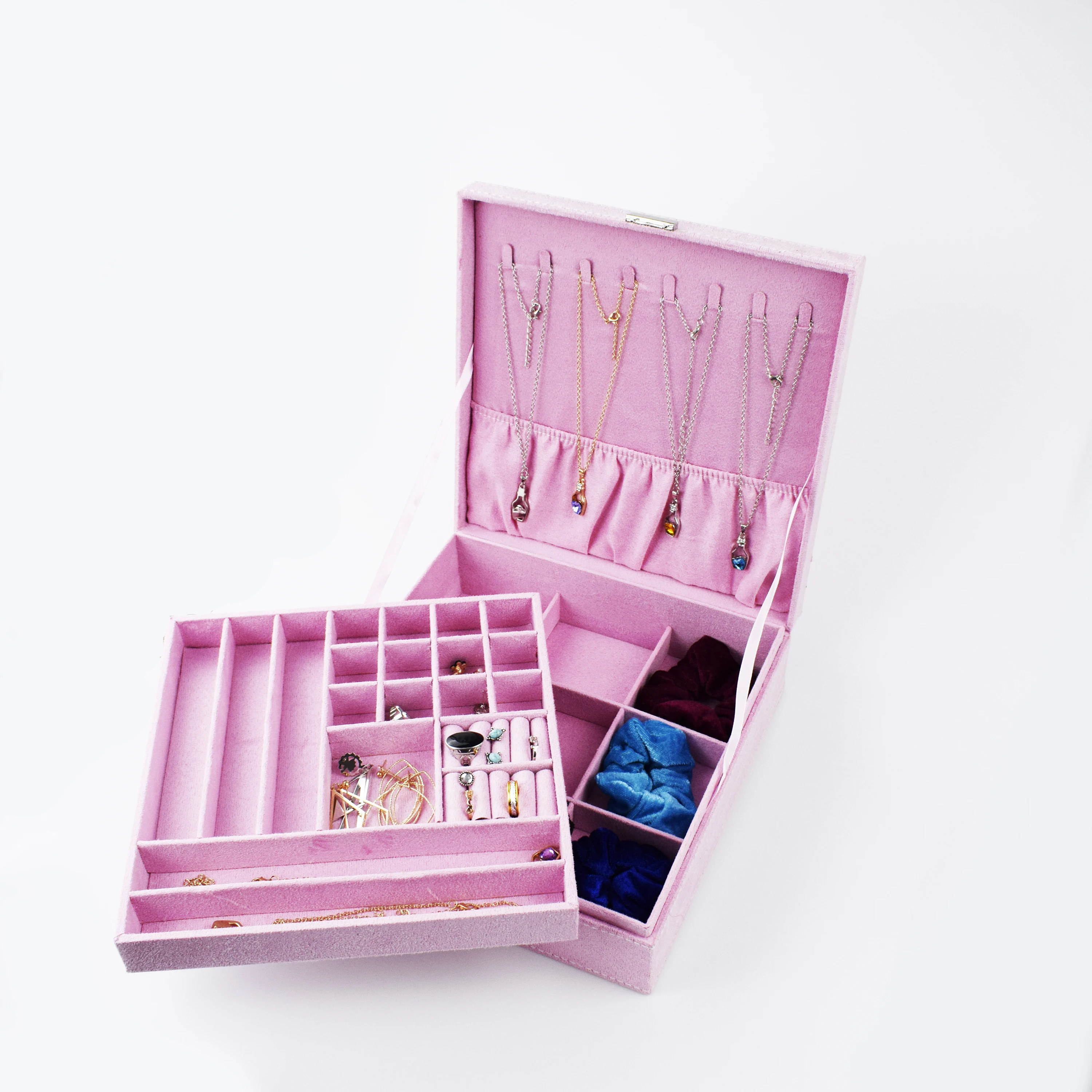 Розовый двухслойный ящик для ювелирных изделий органайзер дисплей чехол