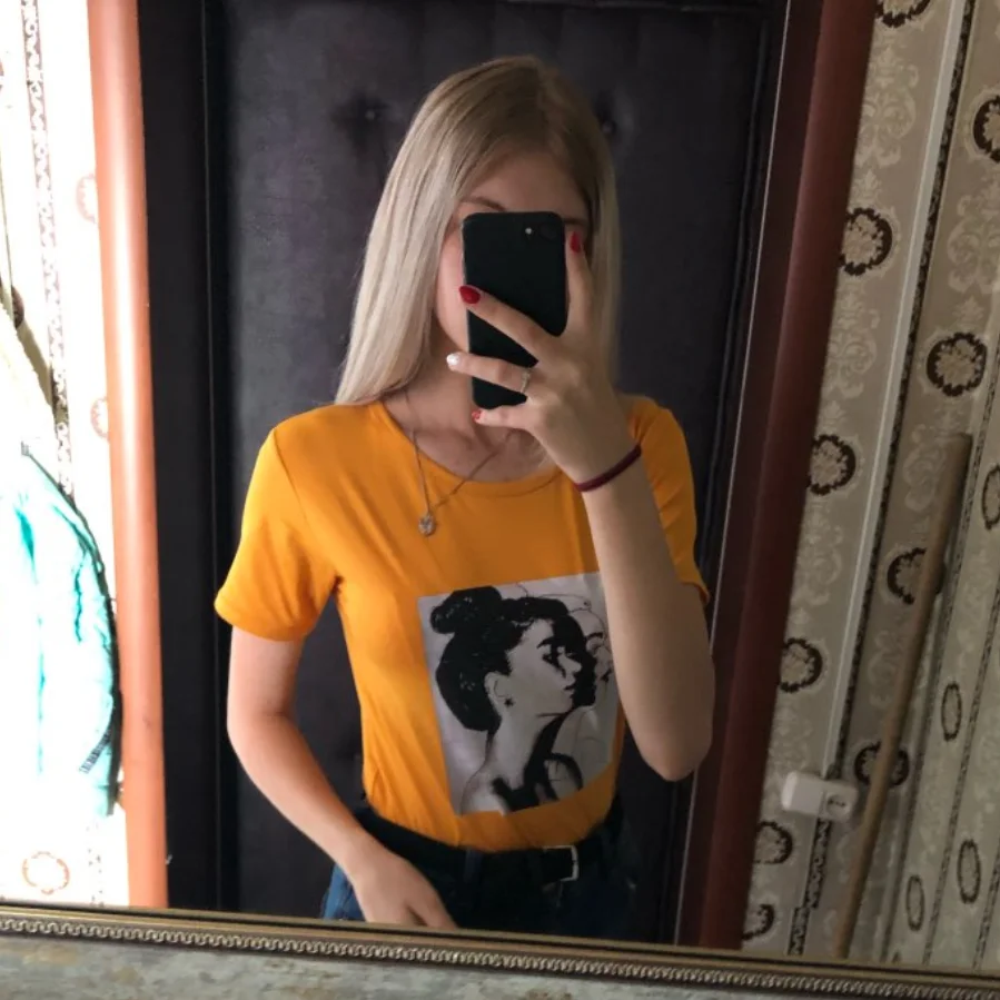 Новая модная футболка, весенне-летняя футболка с принтом для девочек, короткий рукав, круглый вырез, хлопок, полиэстер, Женский Топ, облегающая мягкая женская футболка