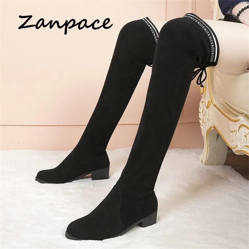

2019 Flock Thigh High Boots High Heeled Thick with Velvet Shoes Woman Winter Over The Knee Elastic High Casual Boots Women
