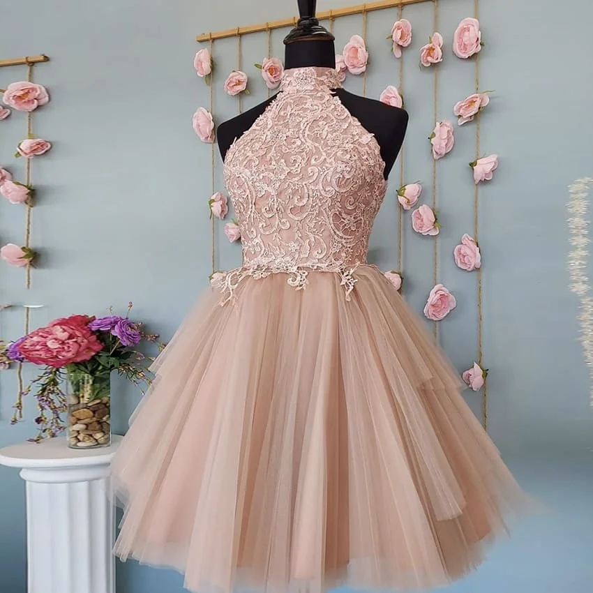 

High Neck Short Blush Cocktail Dresses 2021 Ball Gown Tulle Lace Applique Sleeveless Mini Dresses Woman Party Night vestidos de