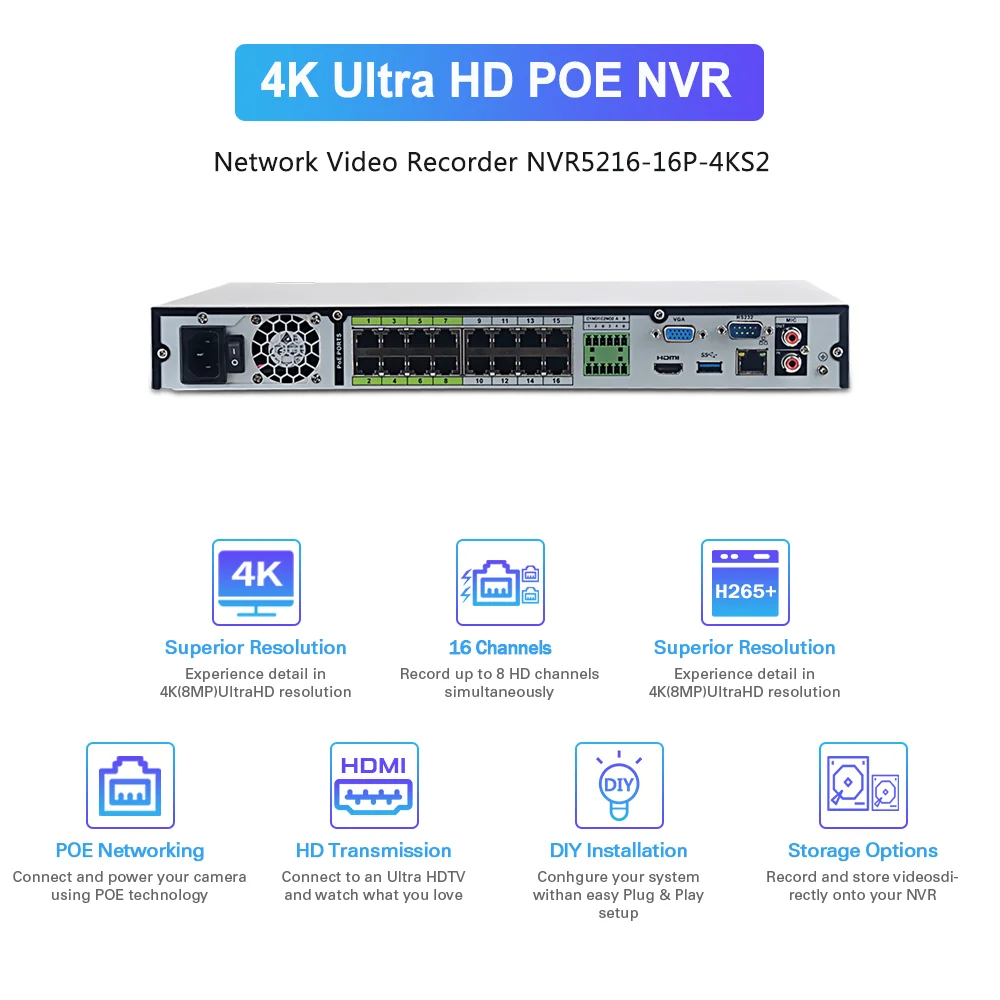 Видеорегистратор Dahua 8MP 4K NVR5216 16P 4KS2E 16CH POE H265 + 2SATA CCTV NVR для 12MP IP Camera System