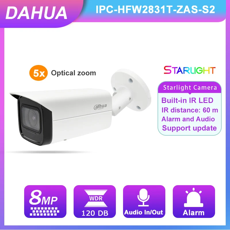 

Dahua Security CCTV Camera 5X Zoom 8MP POE IPC-HFW2831T-ZAS-S2 Starlight With Audio Alarm H.265 IR60M IVS IP67 Outdoor IP Camera