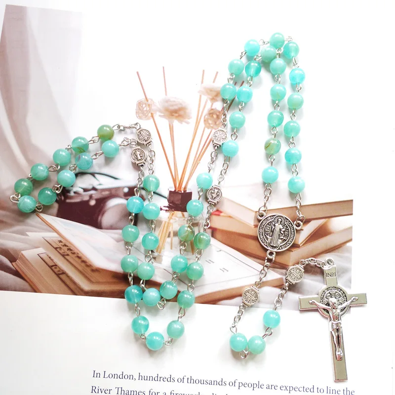 

QIGO Vintage Saint Benedict Rosary Necklace Blue Acrylic Beads Strand Long Cross Pendant Religious Pray Jewelry