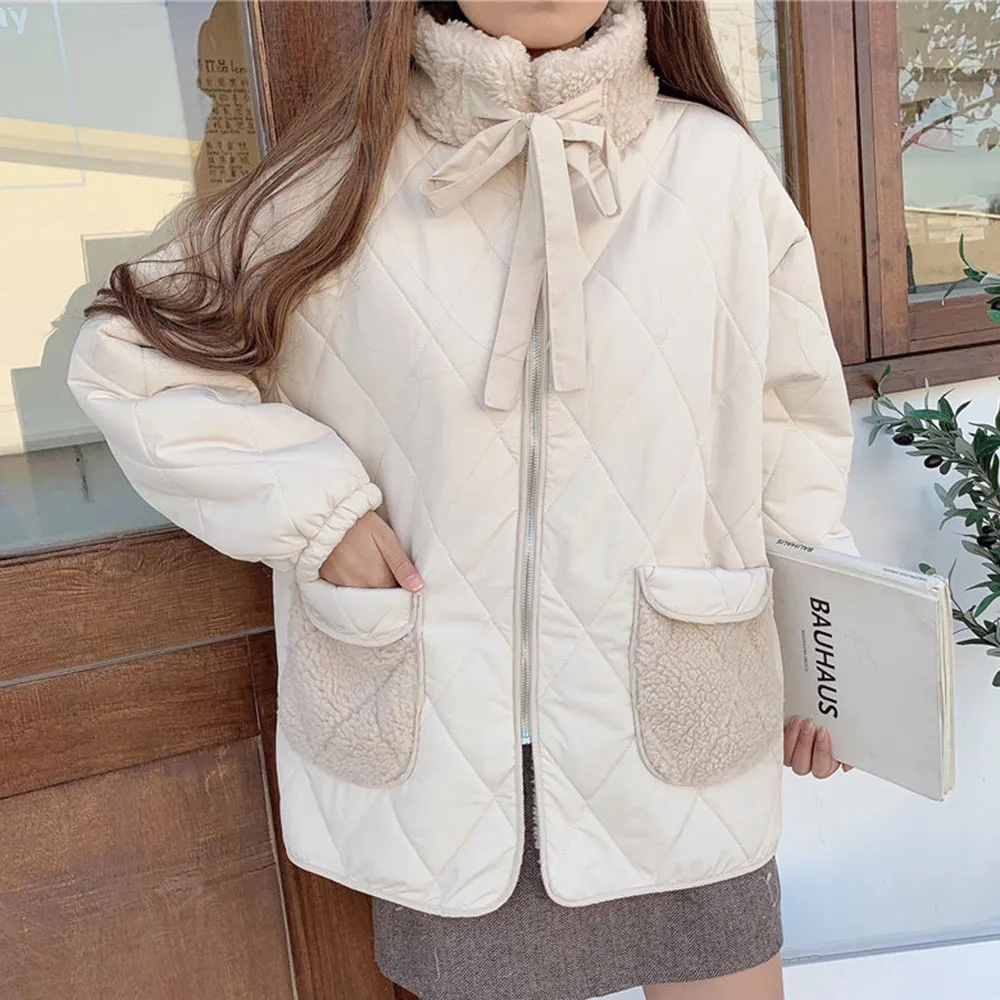 Women Sweet Cotton Padded Jackets Lamb Wool Coat Female Winter Korean Style Loose Pockets Plush Thick Warm Cotton Coat Parkas