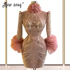 Сексуальное короткое розовое платье для выпускного вечера 2021, вечерние платья с высоким воротом и длинным рукавом, блестками и кристаллами, Прямые Вечерние платья мини длиной