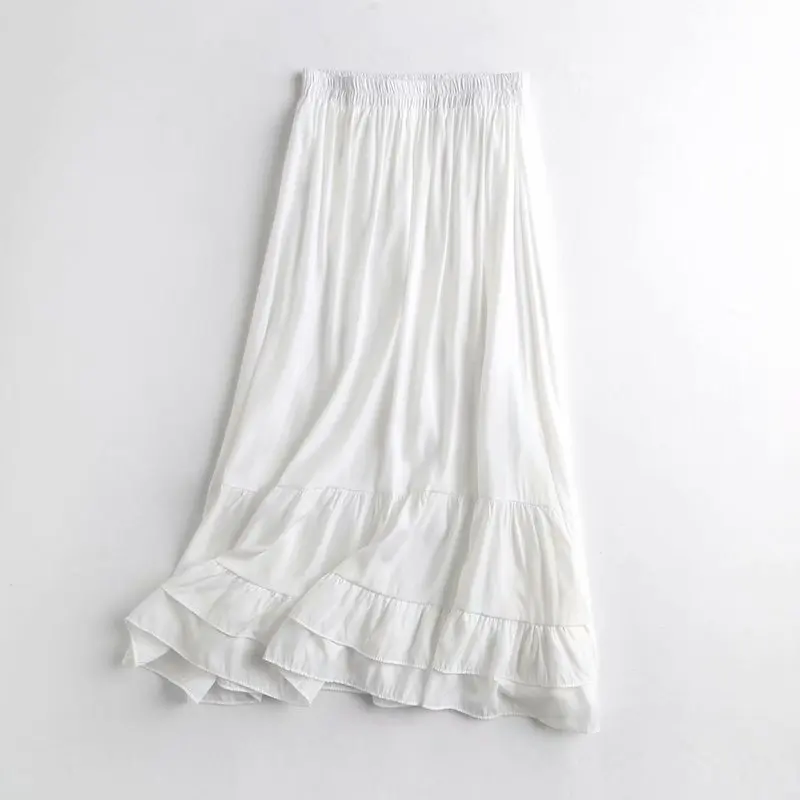 

women long ruffled white skirt spring elastic waist long skirt vintage beach party club ladies bottom skirt