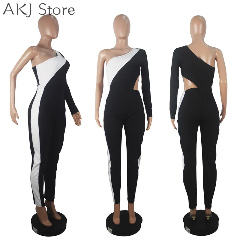 

Women Sexy One Shoulder Colorblock Hollow Skinny Jumpsuit