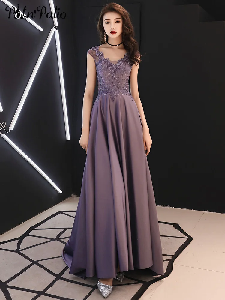 

Luxury Purple Satin Long Evening Dresses With Train 2020 Elegant V-neck A-line Floor-length Appliques Women Formal Gowns